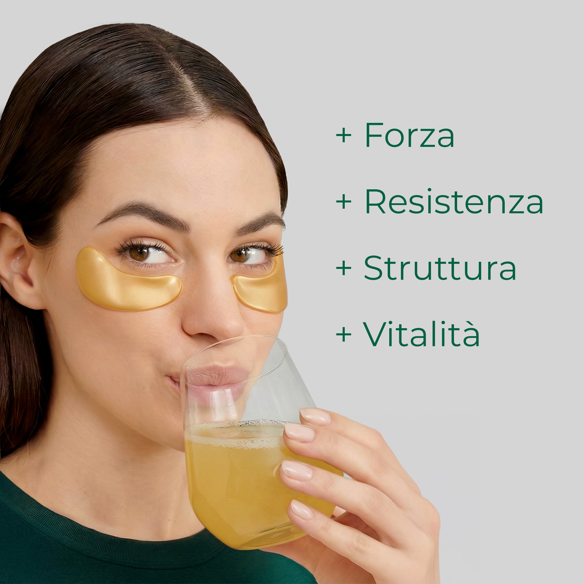 Donna beve integratore Bioscalin® TOTAL•CARE: forza, resistenza e vitalità per i tuoi capelli