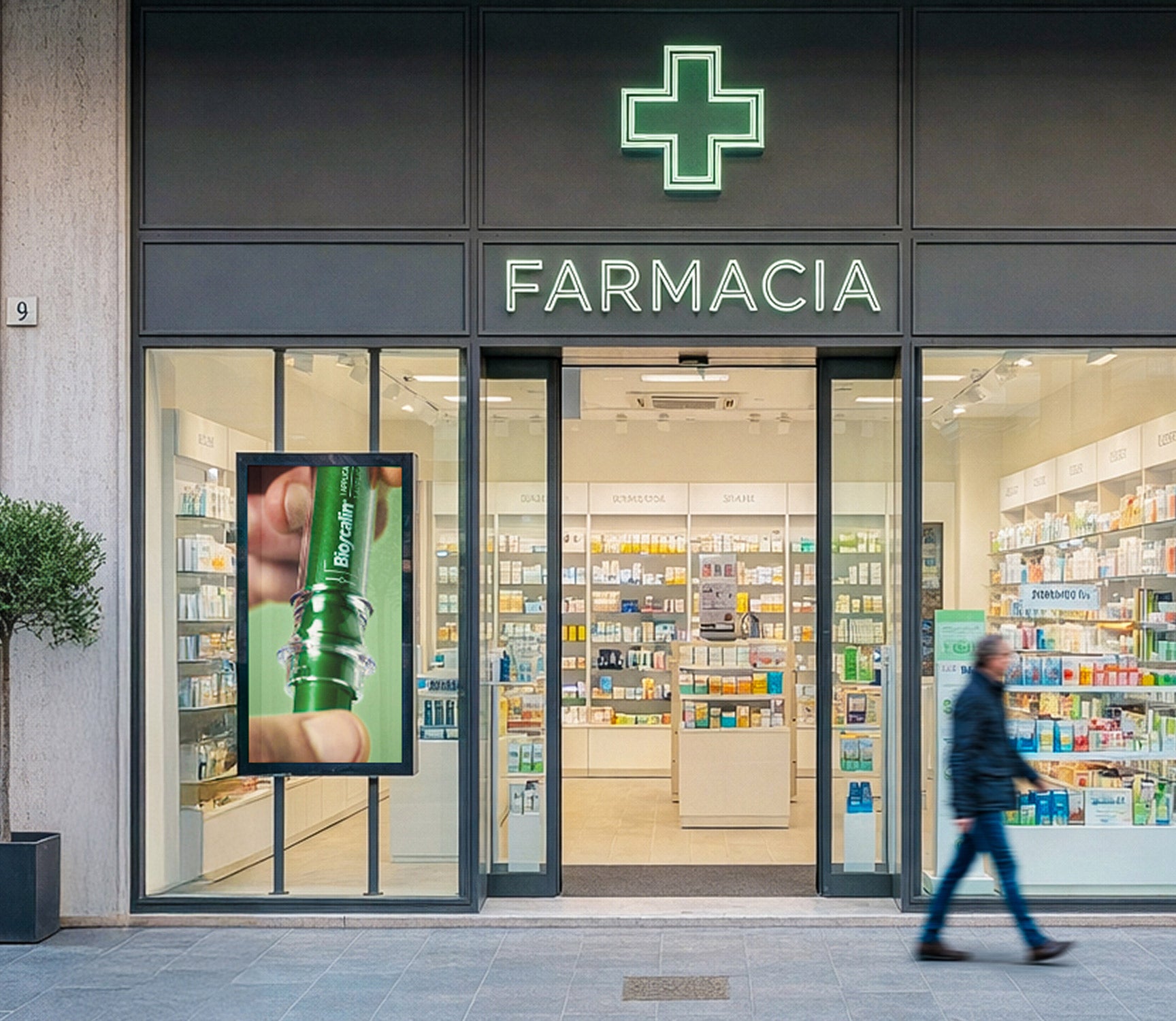 Primo piano dell'ingresso di una farmacia con la pubblicità Bioscalin mostrata su un display in vetrina