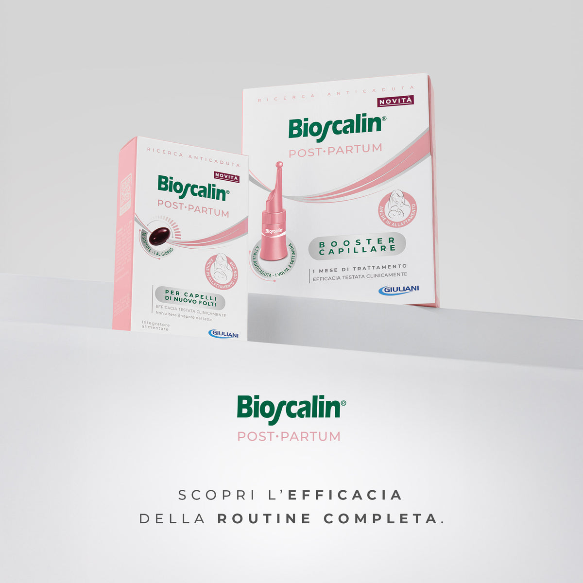 Groupage della gamma Bioscalin® Post•Partum con il claim “Scopri l’efficacia della routine completa”.
