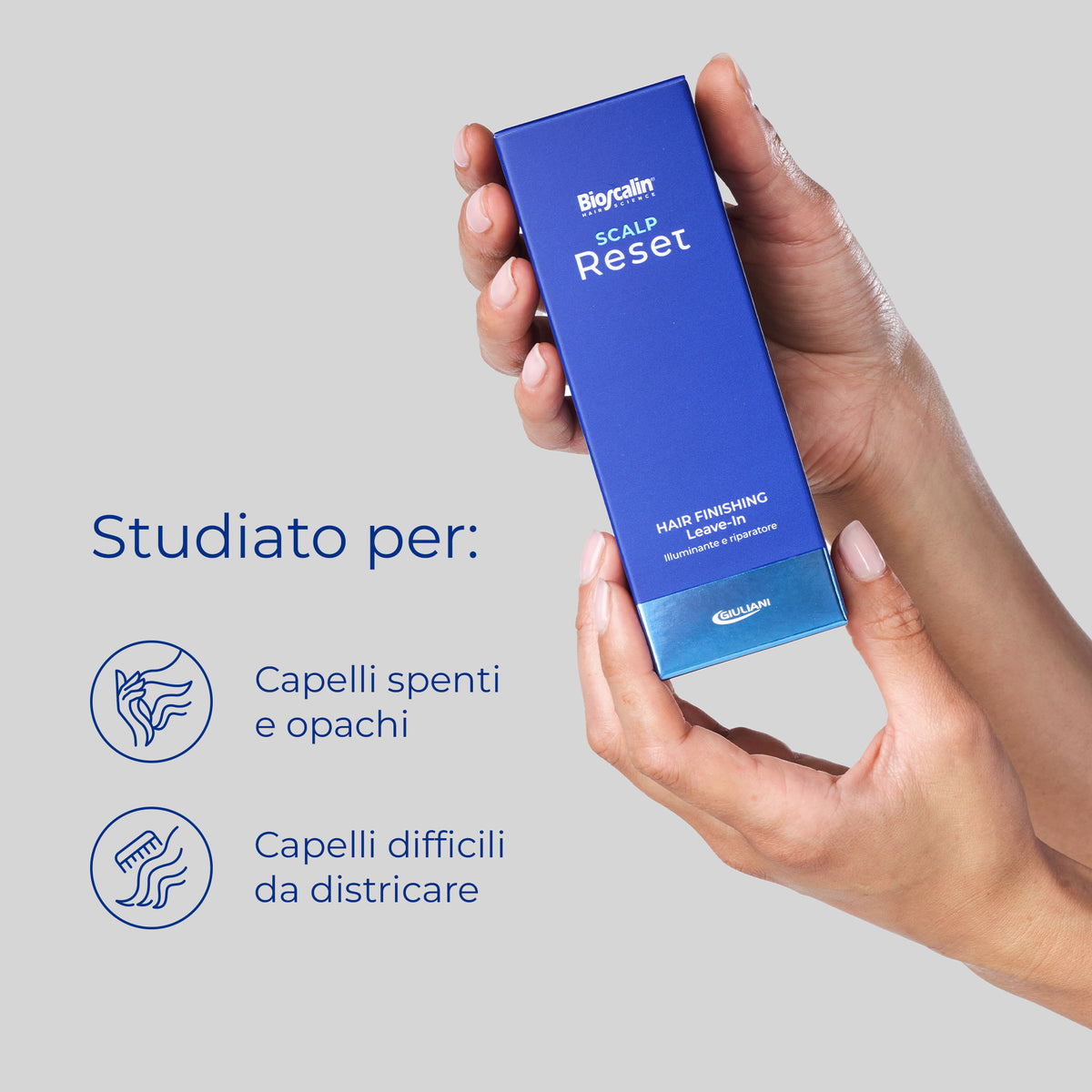 Confezione di Bioscalin® Scalp Reset Hair Finishing Leave-in tenuta tra le mani, studiato per capelli spenti, opachi e difficili da districare.