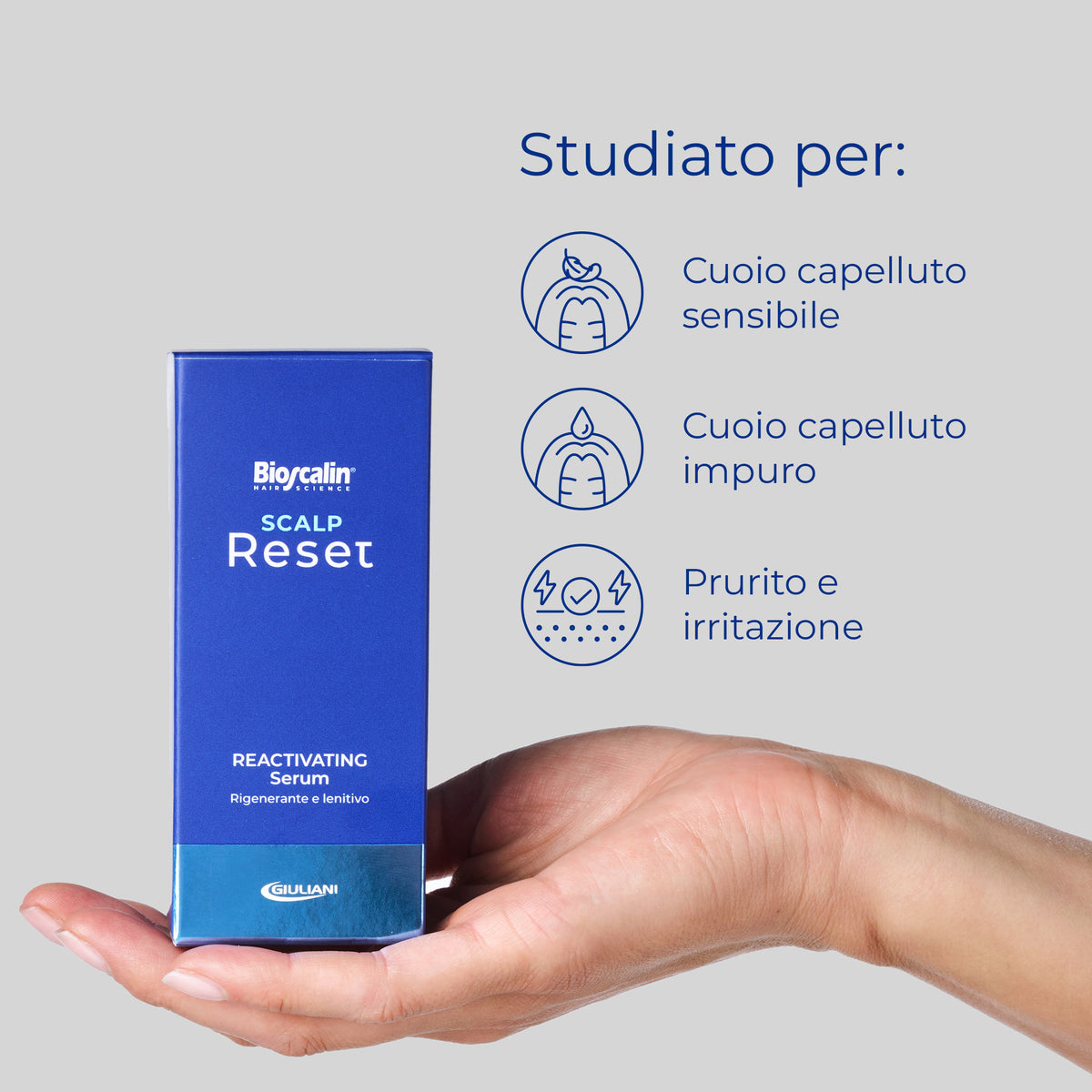 Confezione di Bioscalin® Scalp Reset Reactivating Serum, studiato per cuoio capelluto sensibile, impuro o in caso di prurito e irritazione.