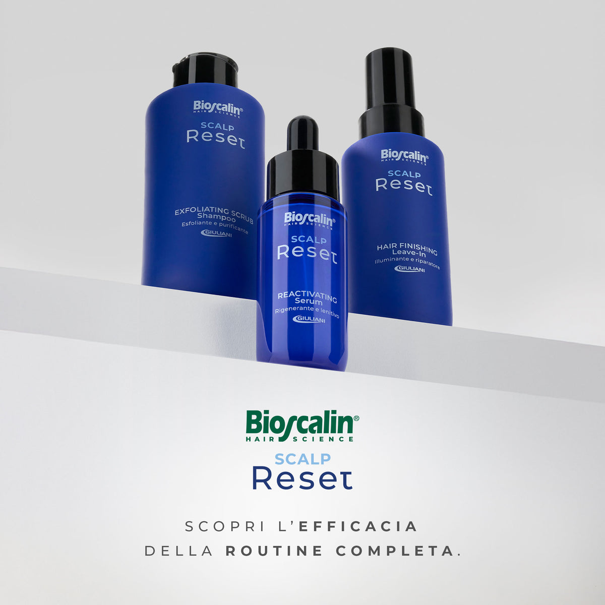 Groupage della linea Bioscalin® Scalp Reset con Exfoliating Scrub Shampoo, Reactivating Serum e Hair Finishing Leave-in e il claim “Scopri l’efficacia della routine completa"