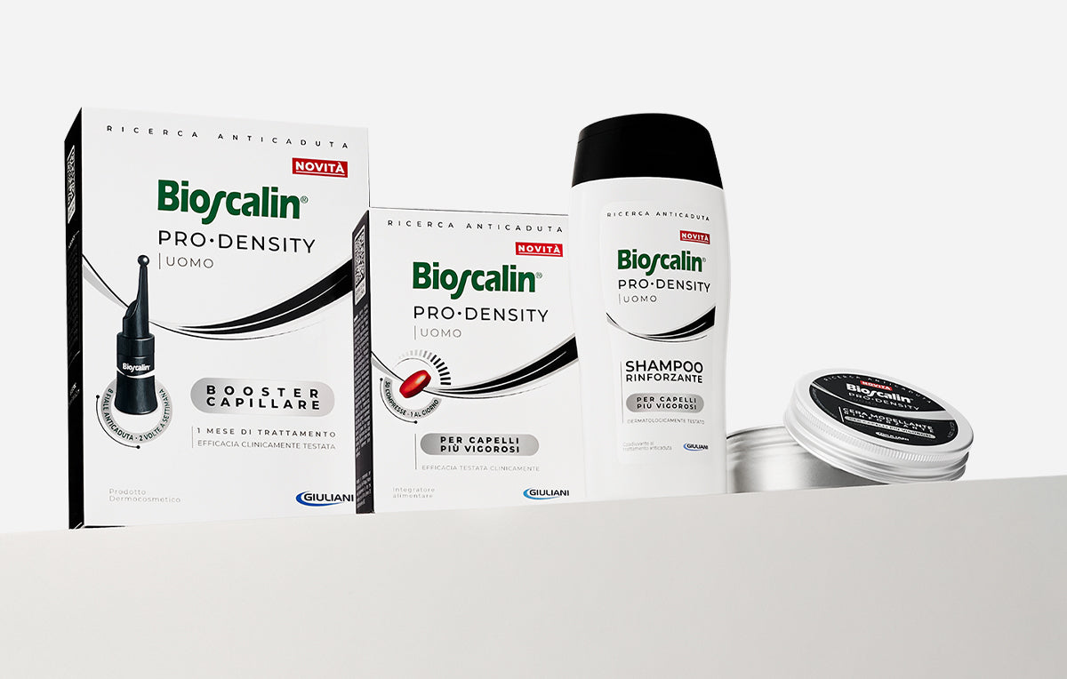 Linea Bioscalin® Pro•Density uomo: booster, compresse, shampoo e cera per capelli più folti e vigorosi
